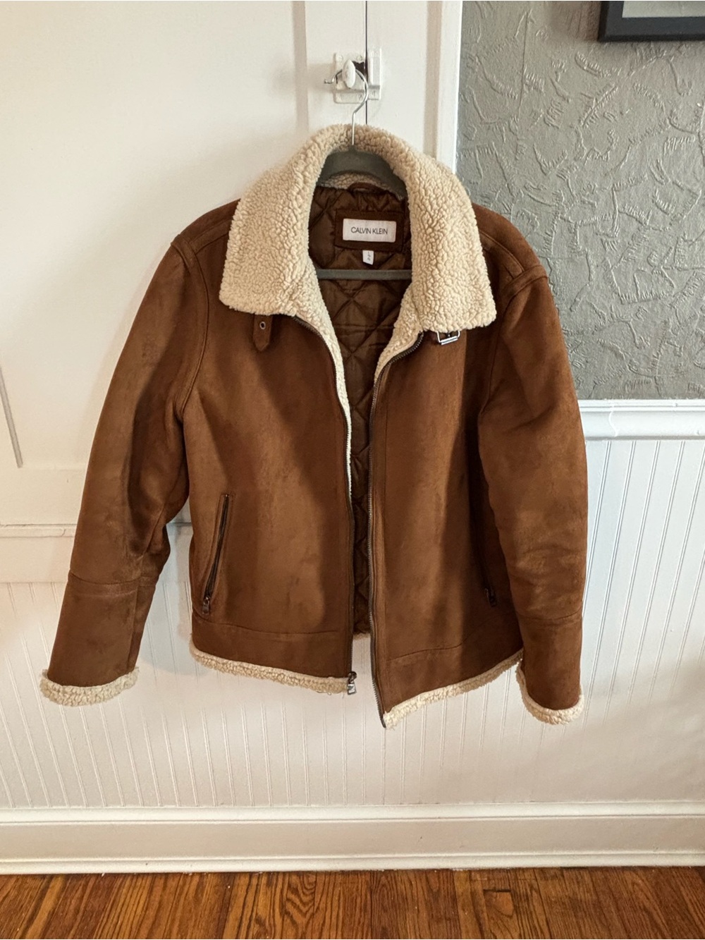 Calvin Klein Brown Suede-Look Bomber Jacket with Cream Shearling Collar